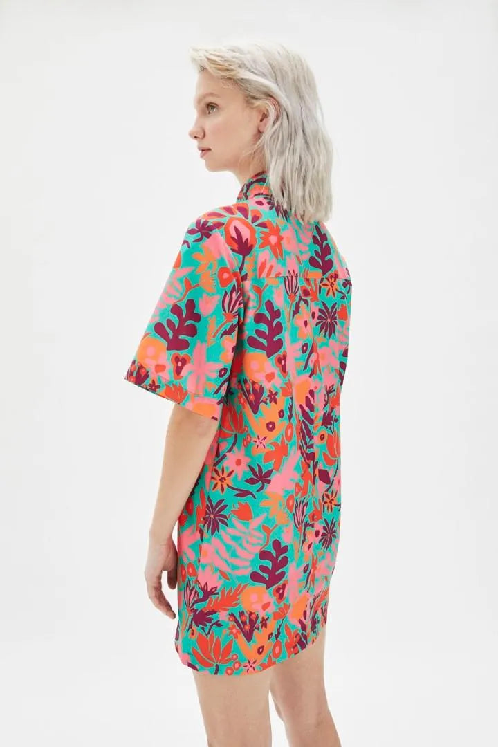 Vestido camisero flores tropical - ECRU