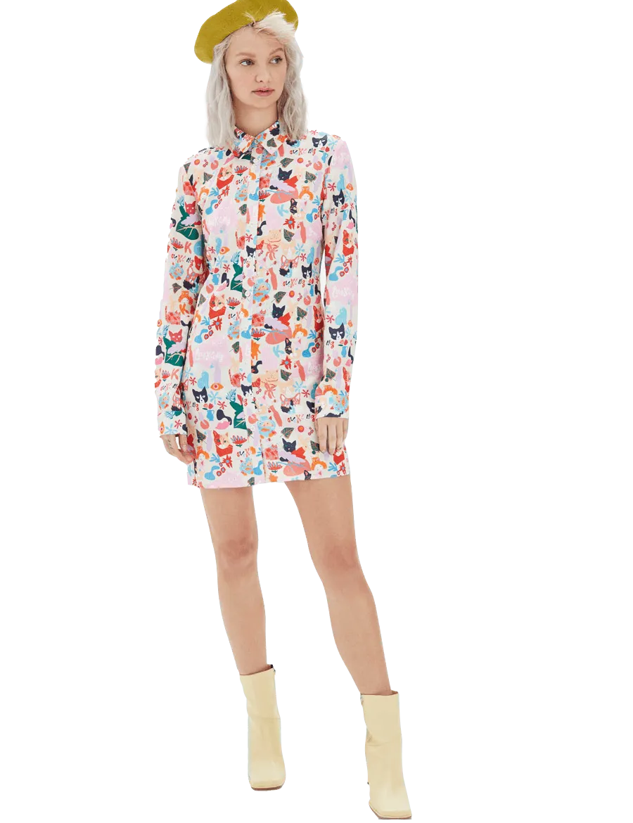 Vestido Camisero Gatos - ECRU