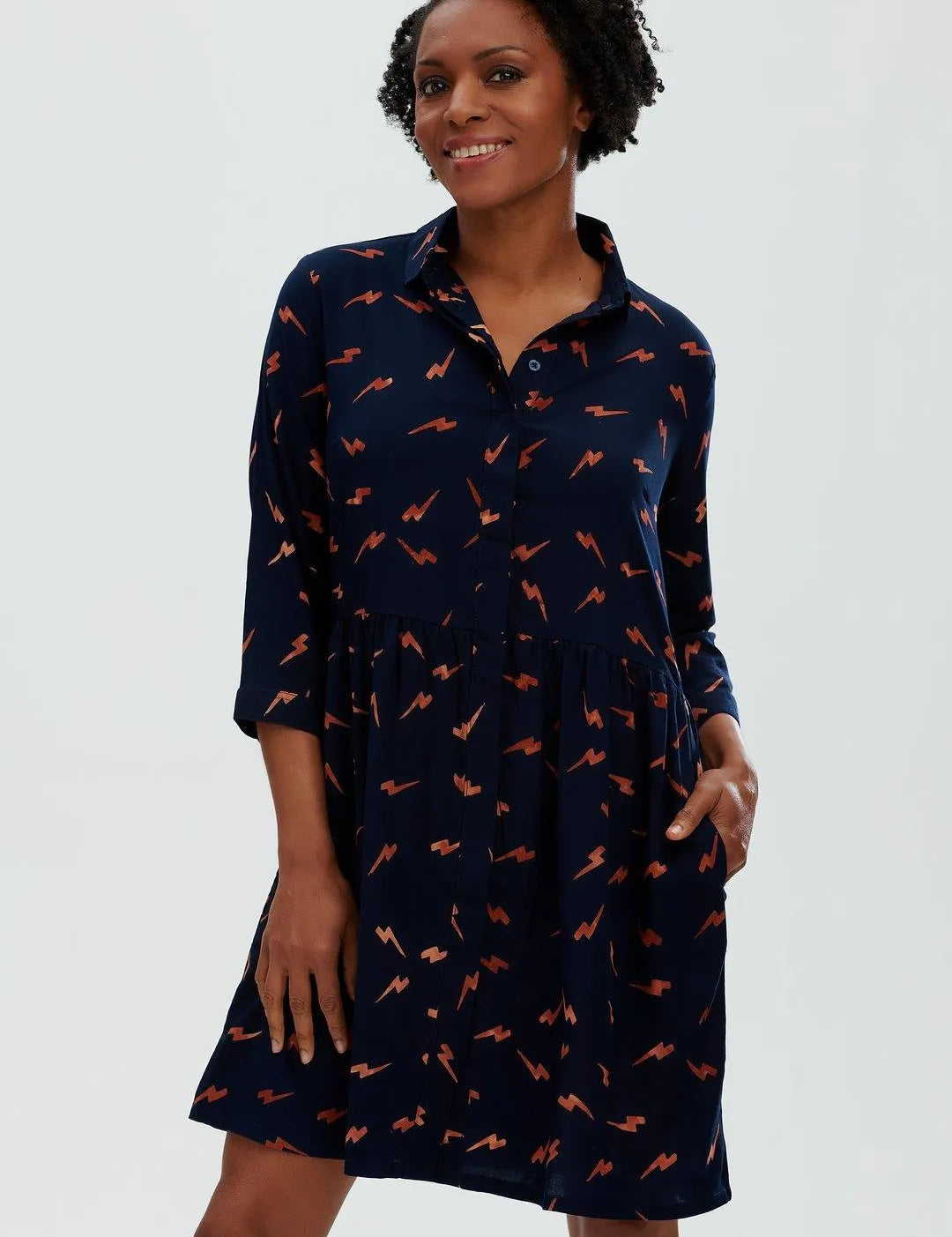 Vestido Camisero Nicky Smock Azul marino, Rust Lightning Batik - ECRU