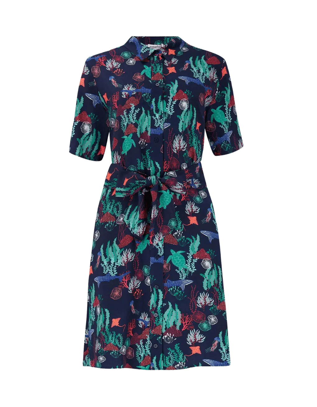 Vestido Camisero Sugarhill Dessie Navy Underwater Scene - ECRU