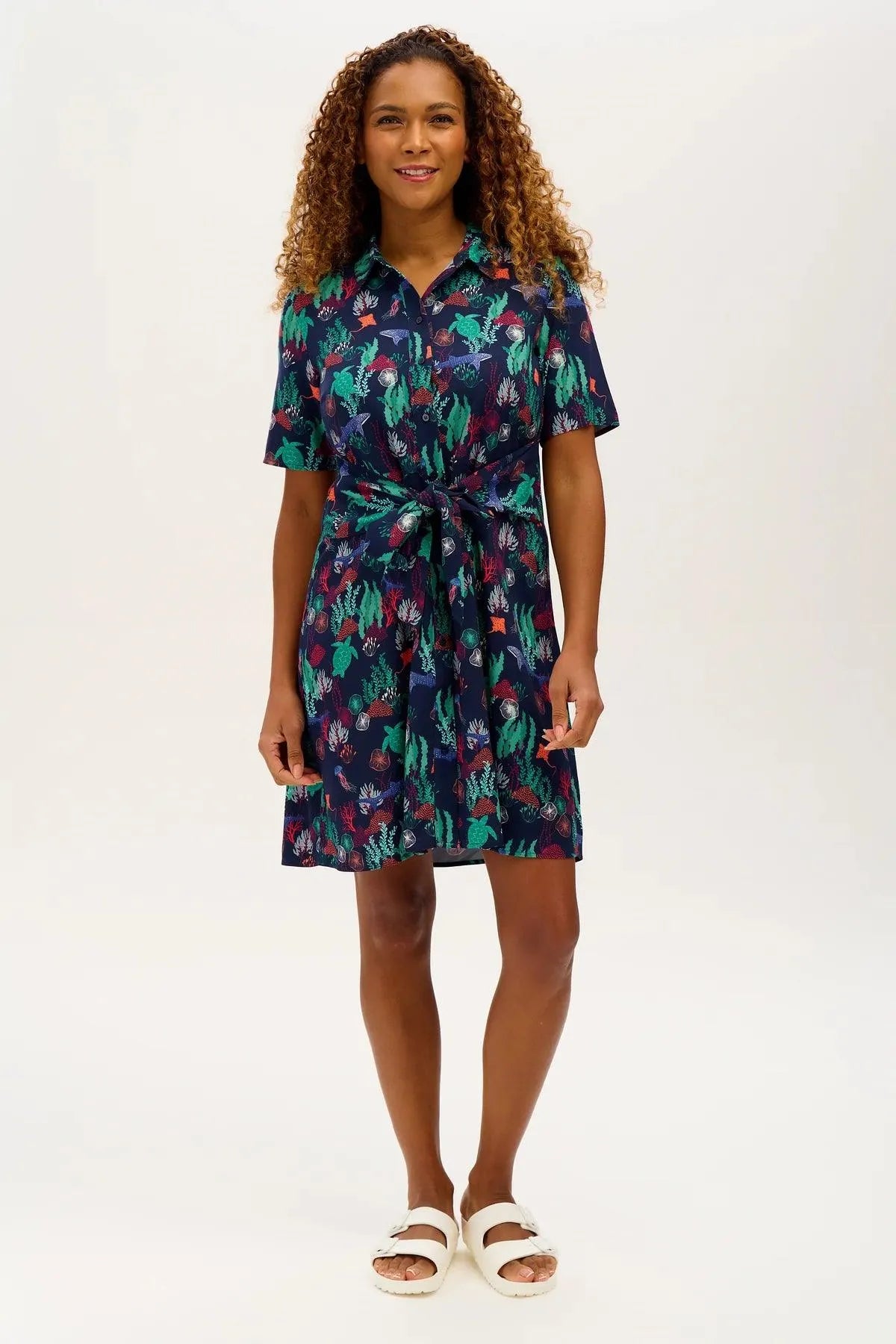 Vestido Camisero Sugarhill Dessie Navy Underwater Scene - ECRU