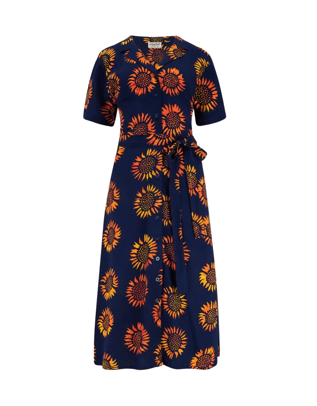 Vestido Camisero Sugarhill Fiona Batik Navy Sunflowers - ECRU