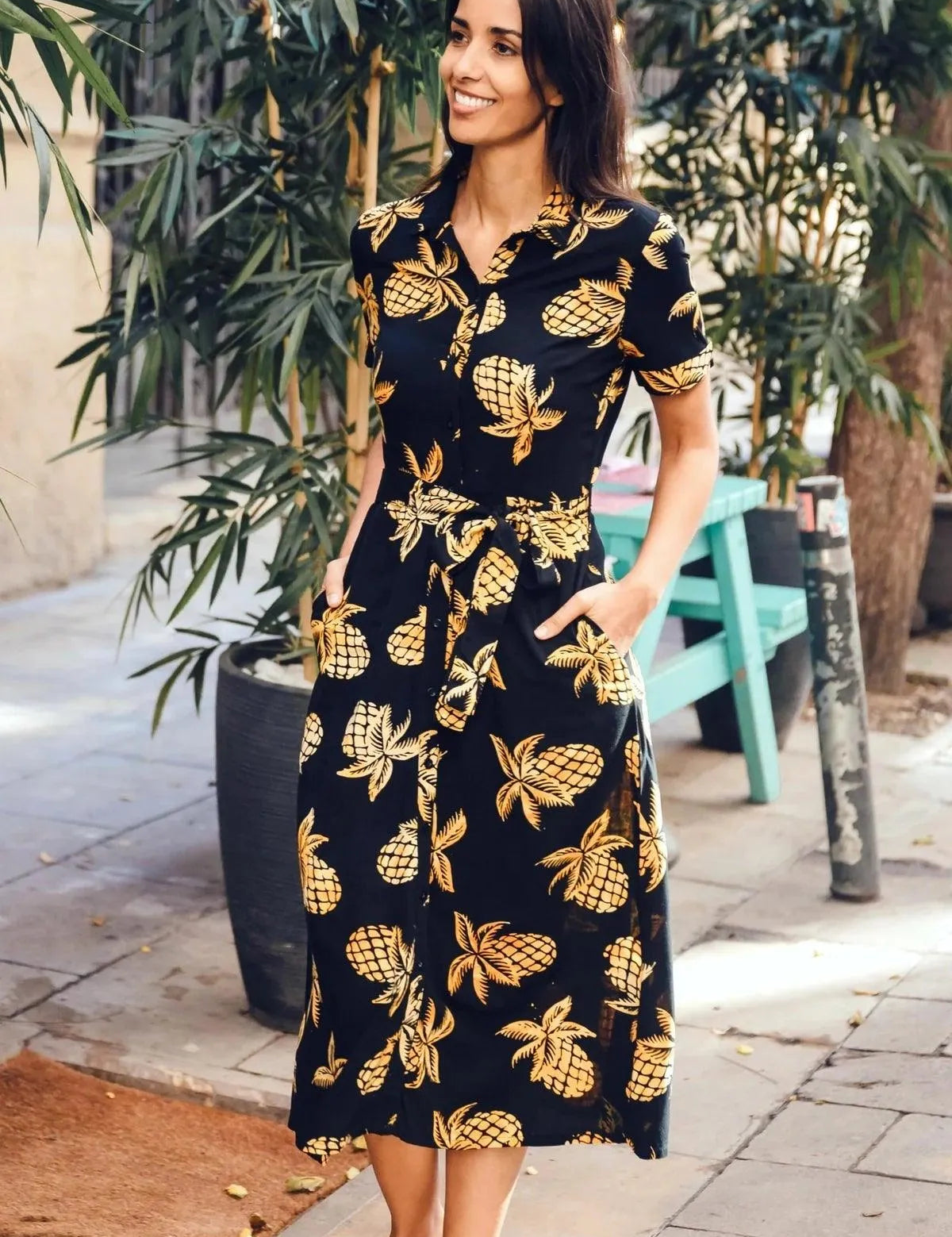 Vestido Camisero Sugarhill Melissa Batik Black Pineapples - ECRU