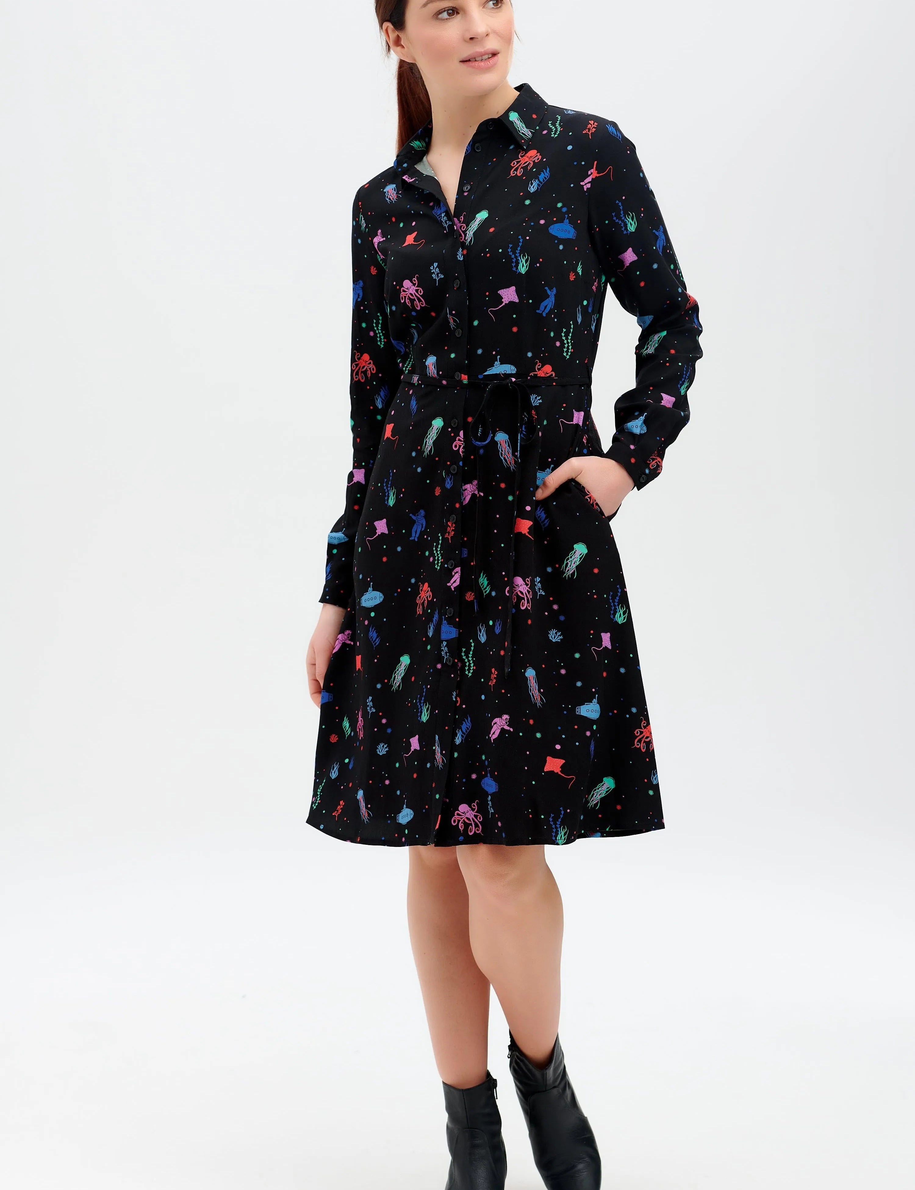 Vestido camisero Zadie - Negro, Deep Sea - ECRU