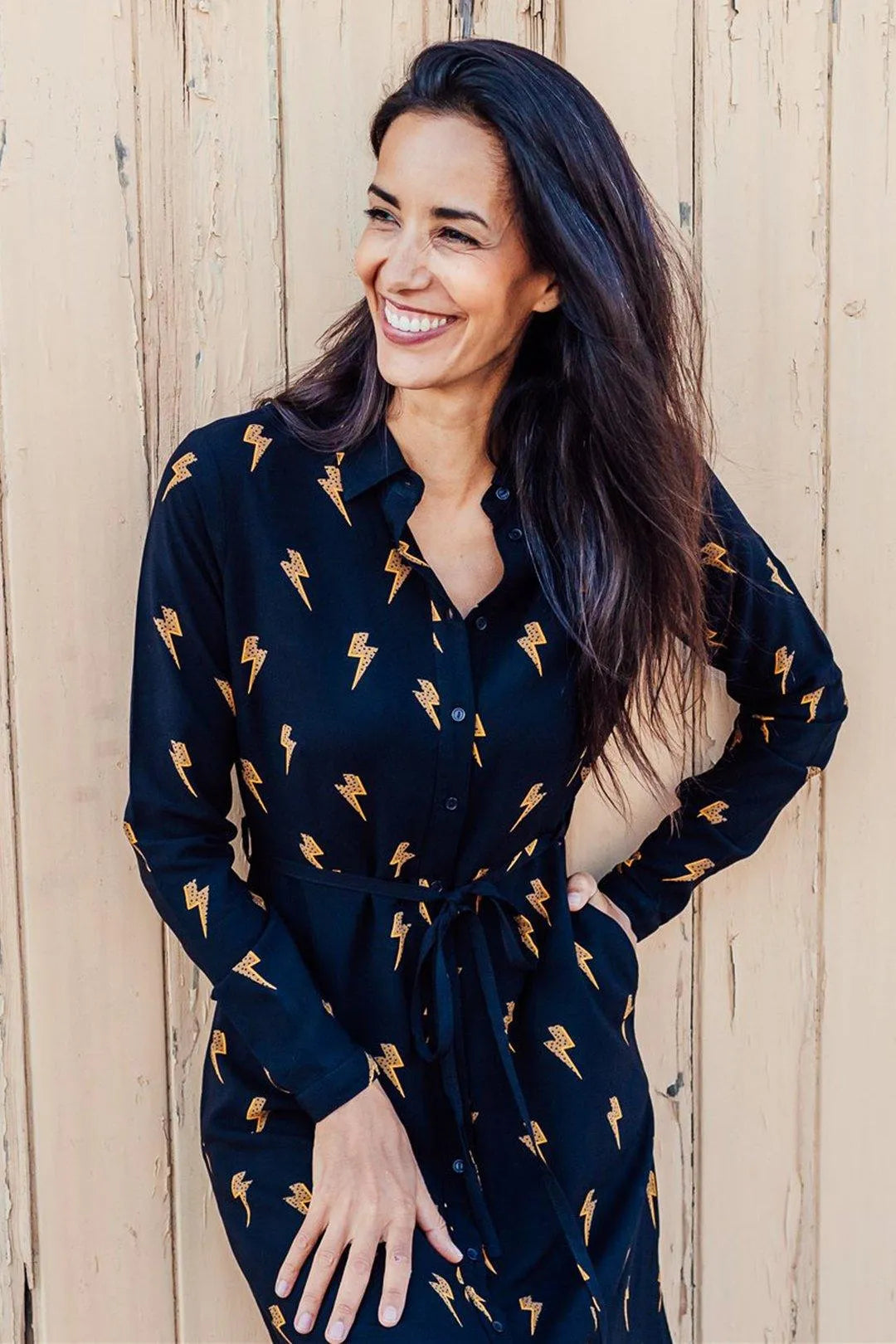 Vestido Camisero Zadie Negro, Rayo Polka - ECRU