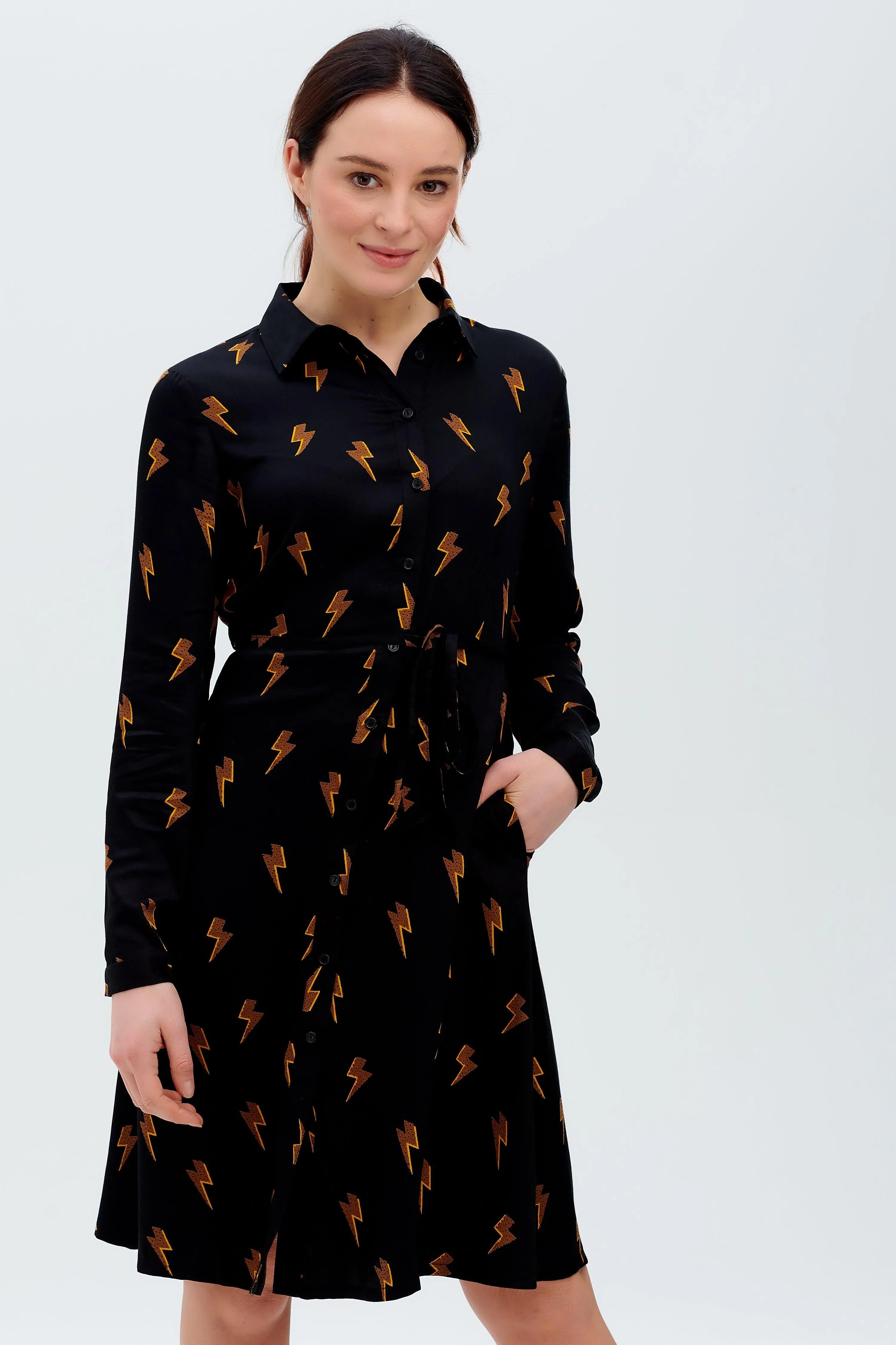 Vestido Camisero Zadie Negro, Rayo Polka - ECRU