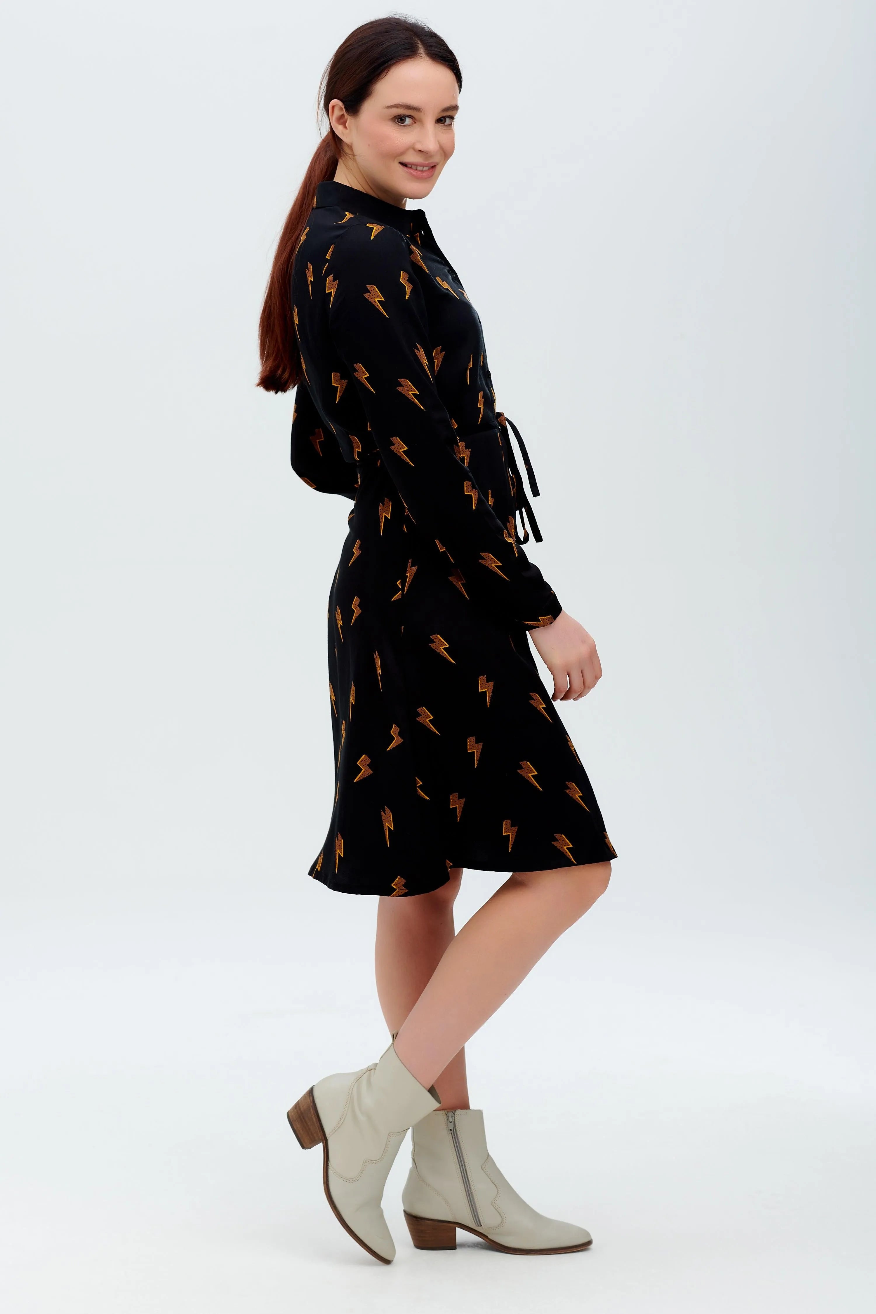 Vestido Camisero Zadie Negro, Rayo Polka - ECRU