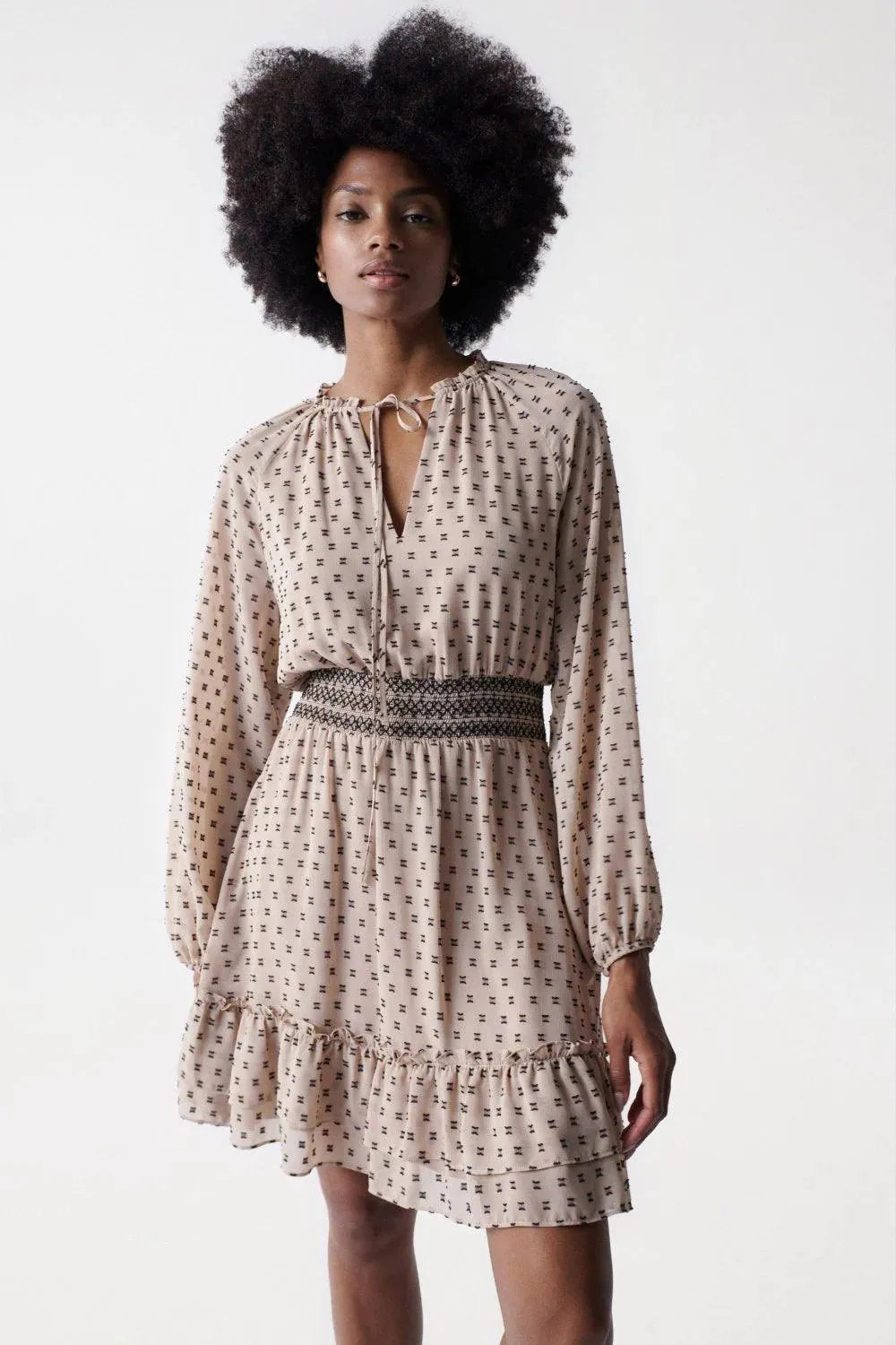 Vestido con elástico en la cintura - ECRU