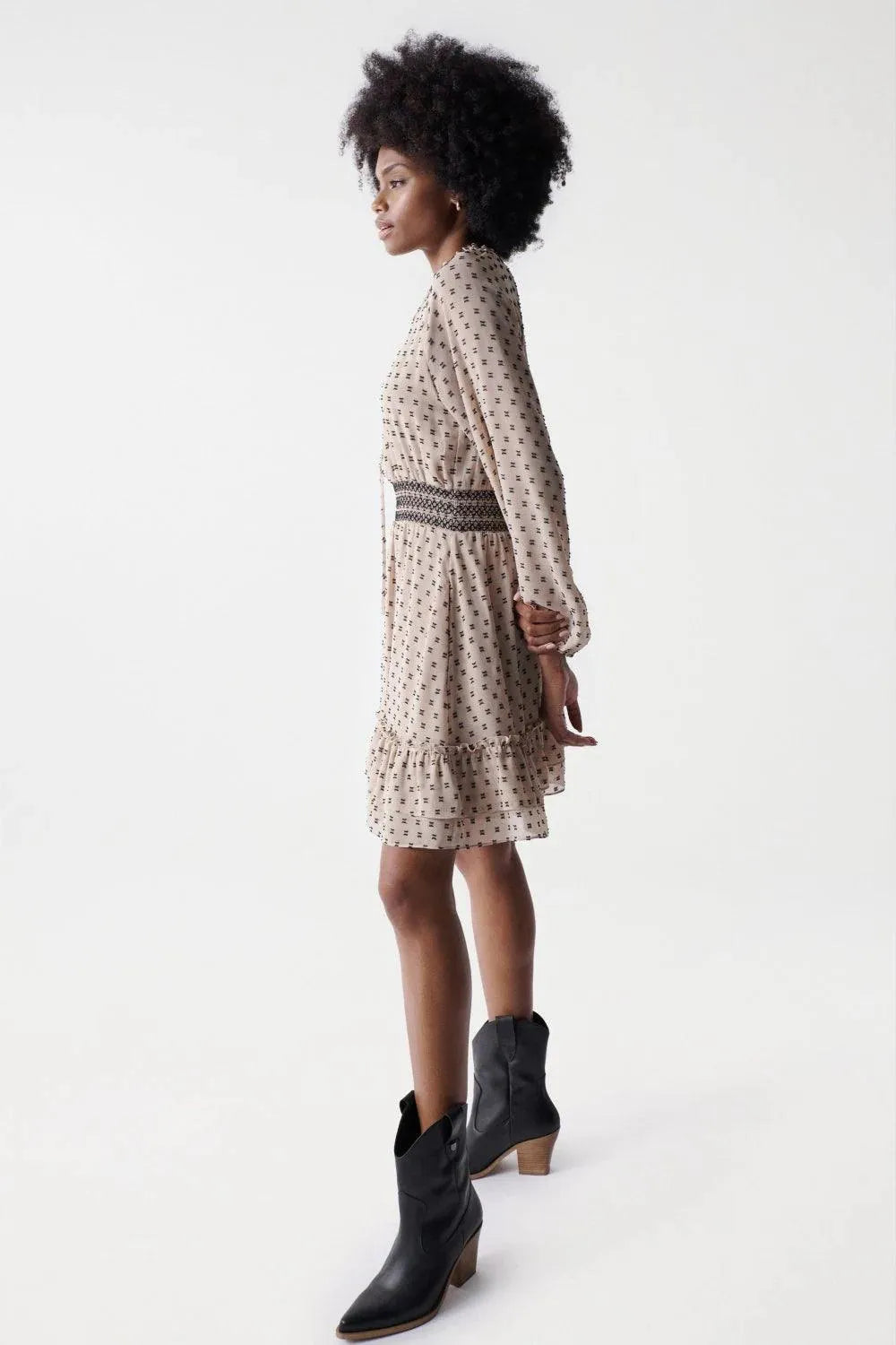 Vestido con elástico en la cintura - ECRU