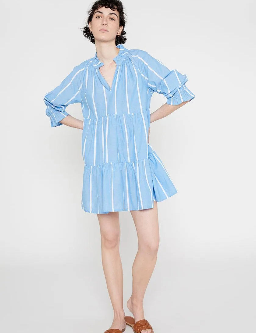 Vestido corto amplio con volantes tejido vaquero con rayas verticales - ECRU