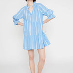 Vestido corto amplio con volantes tejido vaquero con rayas verticales - ECRU