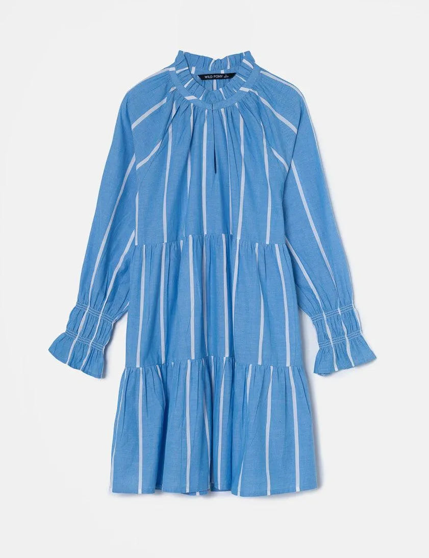 Vestido corto amplio con volantes tejido vaquero con rayas verticales - ECRU