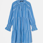 Vestido corto amplio con volantes tejido vaquero con rayas verticales - ECRU