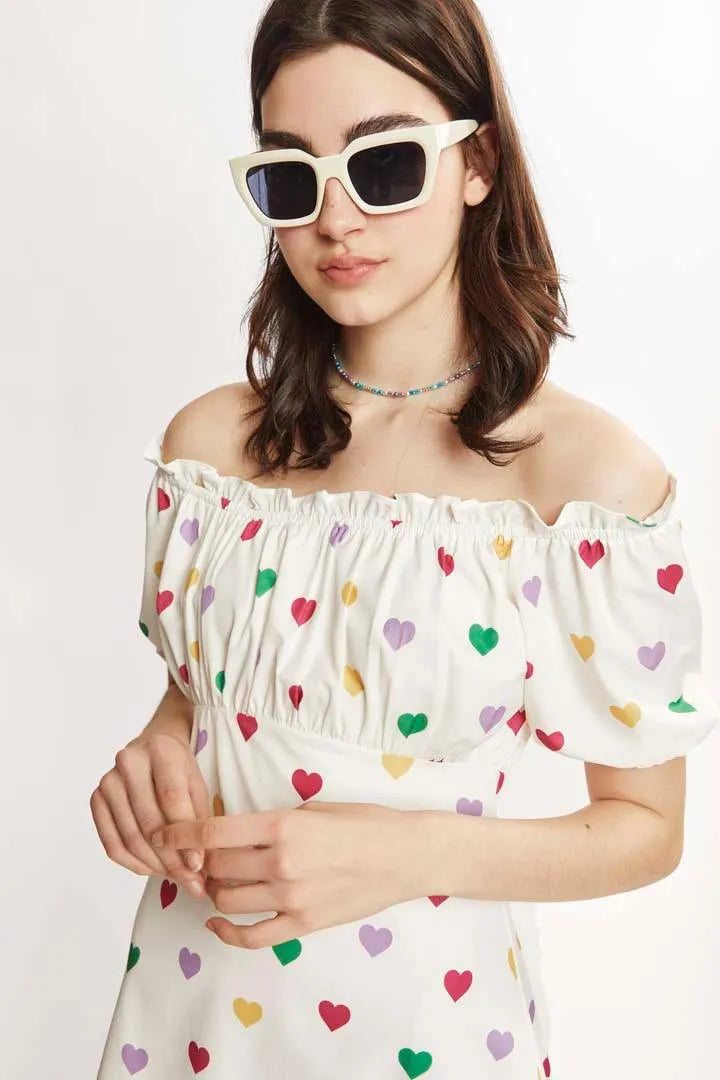 Vestido corto corazones - ECRU