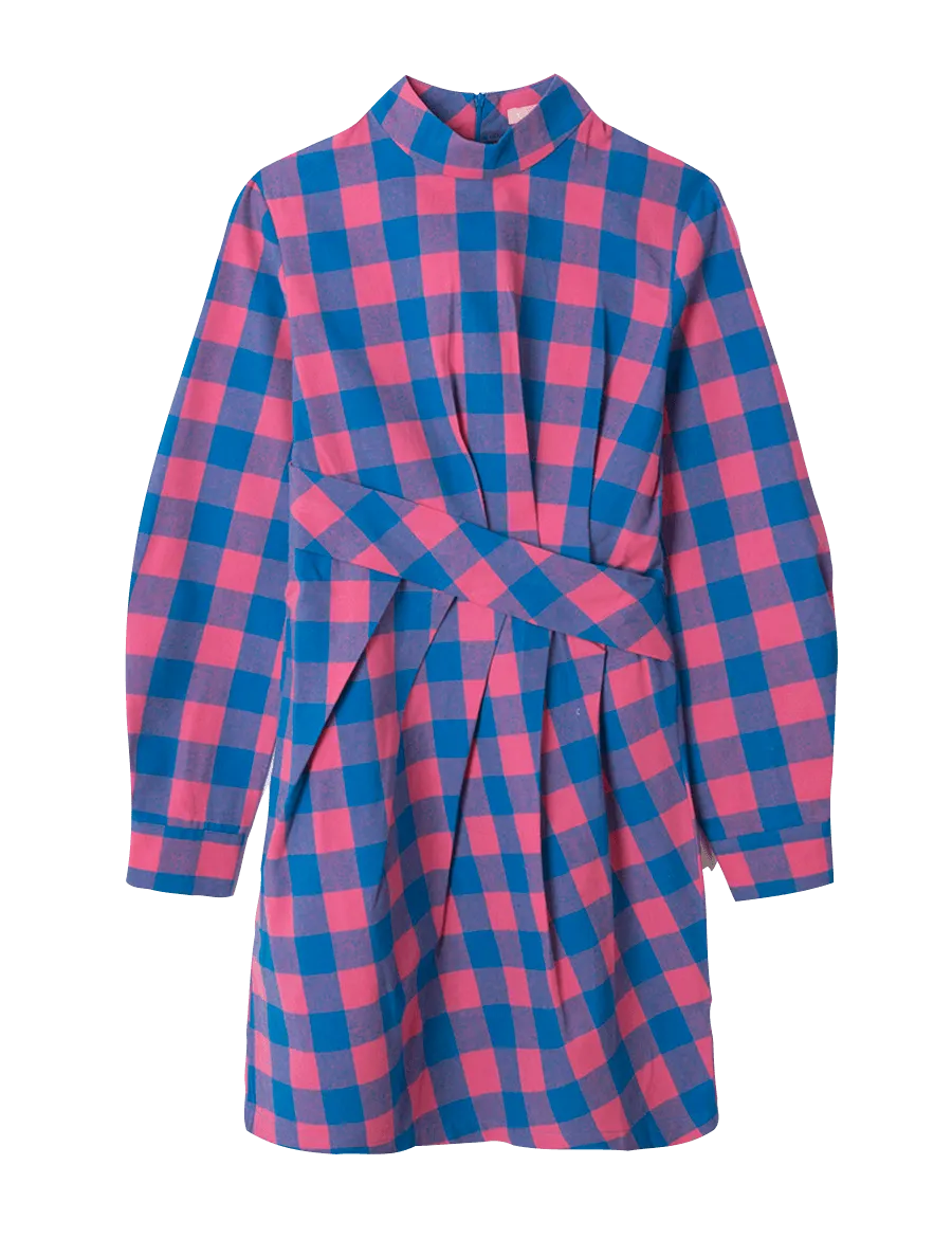 Vestido corto drapeado cruadros - ECRU