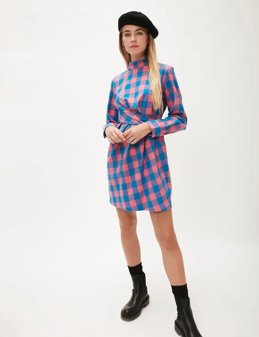 Vestido corto drapeado cruadros - ECRU