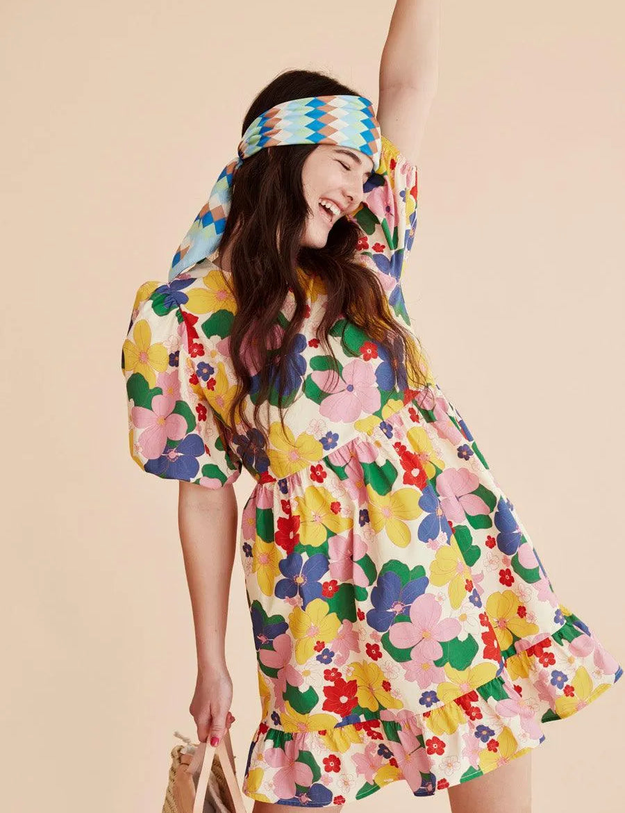 Vestido corto flores - ECRU