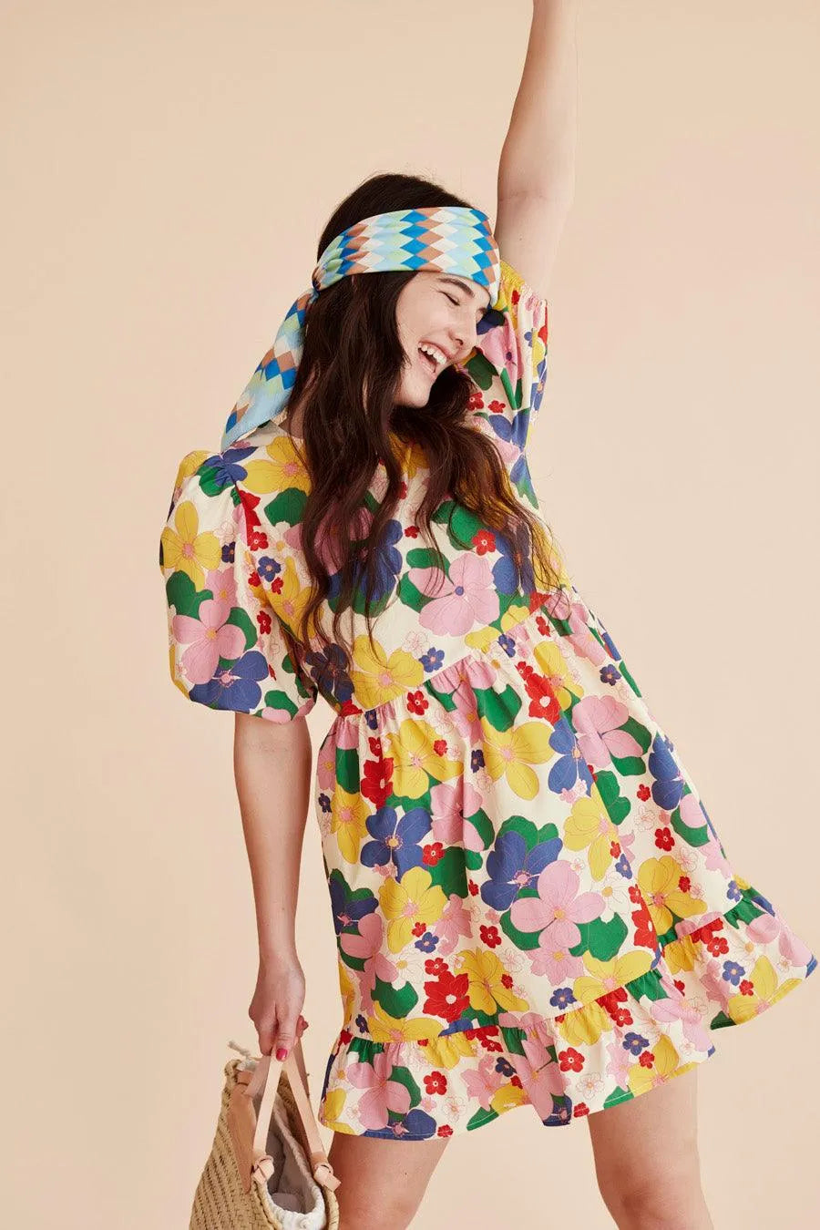 Vestido corto flores - ECRU