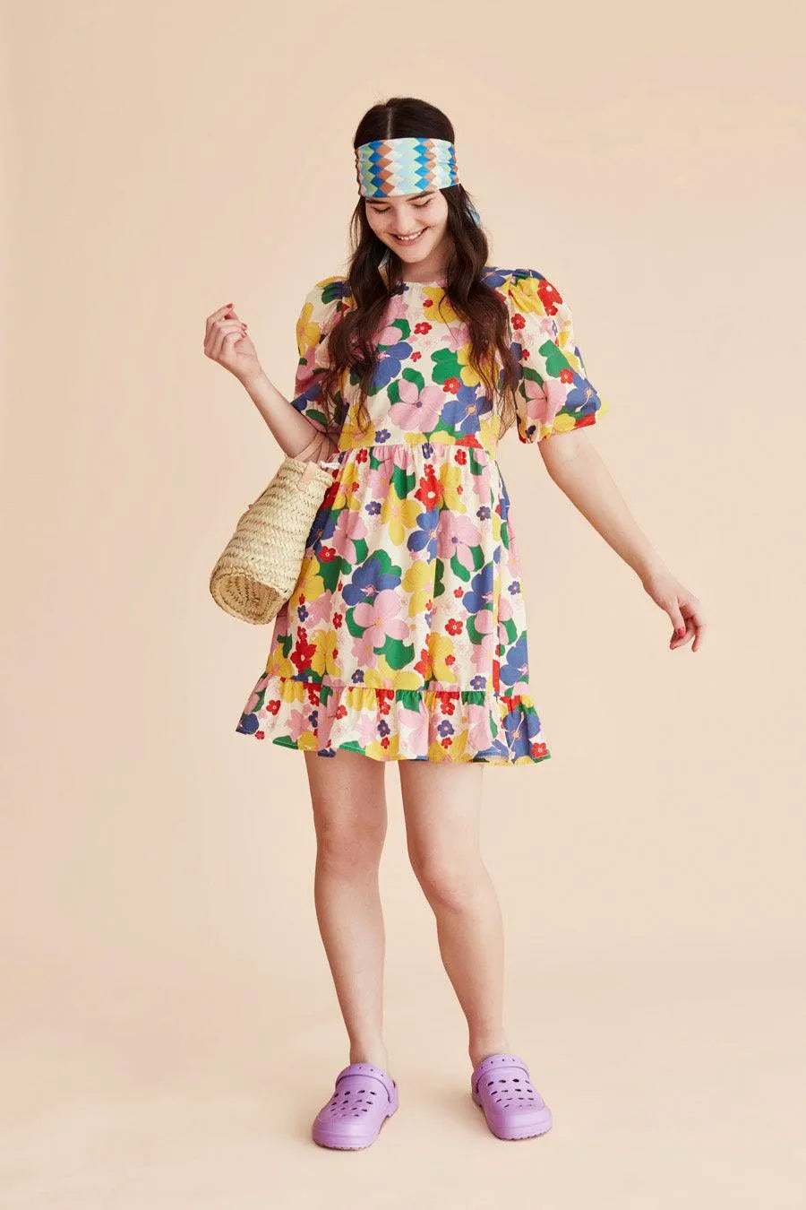 Vestido corto flores - ECRU