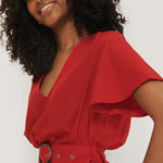 Vestido de manga corta con cuello en V - ECRU