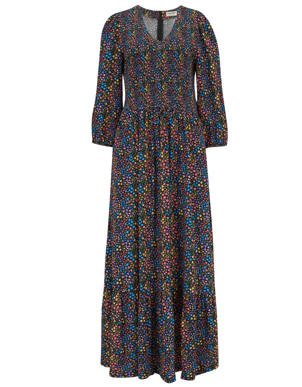 Vestido Magdalene Midi Shirred Black/Multi Ditsy Floral - ECRU