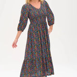 Vestido Magdalene Midi Shirred Black/Multi Ditsy Floral - ECRU