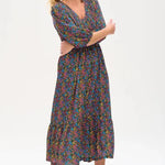 Vestido Magdalene Midi Shirred Black/Multi Ditsy Floral - ECRU