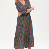 Vestido Magdalene Midi Shirred Black/Multi Ditsy Floral - ECRU