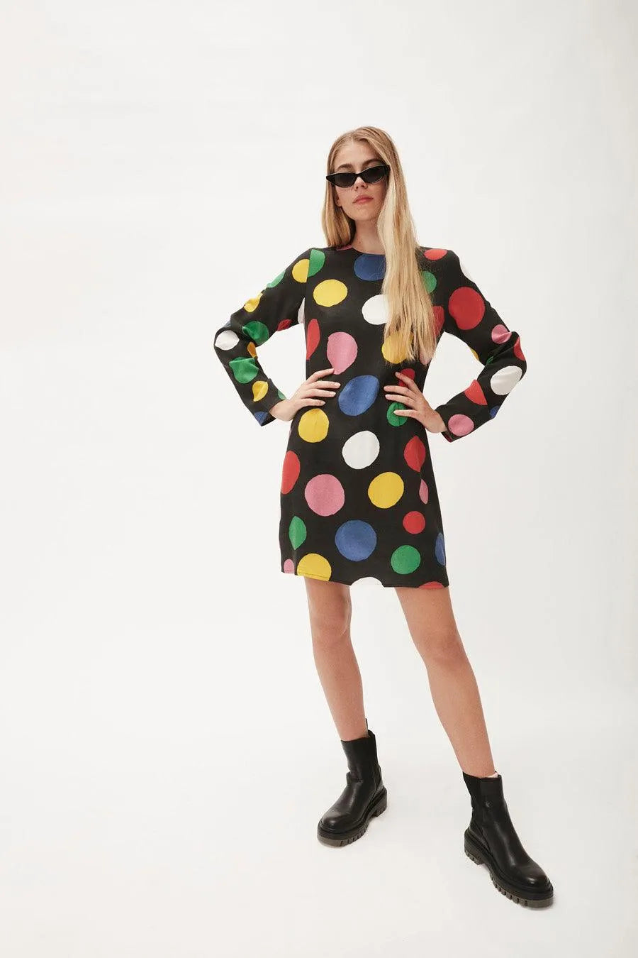 Vestido manga larga lunares - ECRU