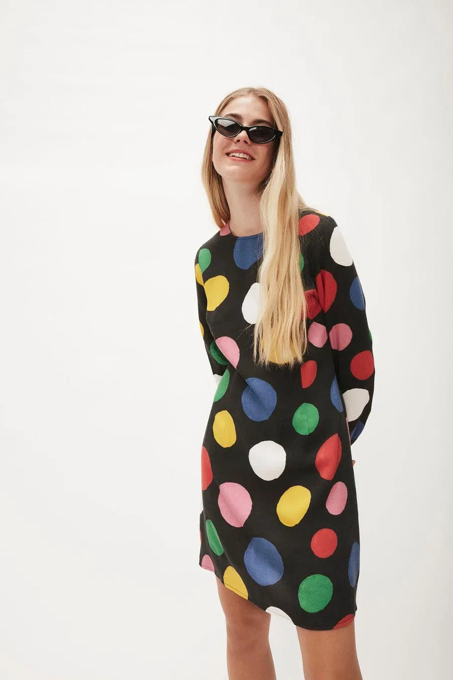 Vestido manga larga lunares - ECRU