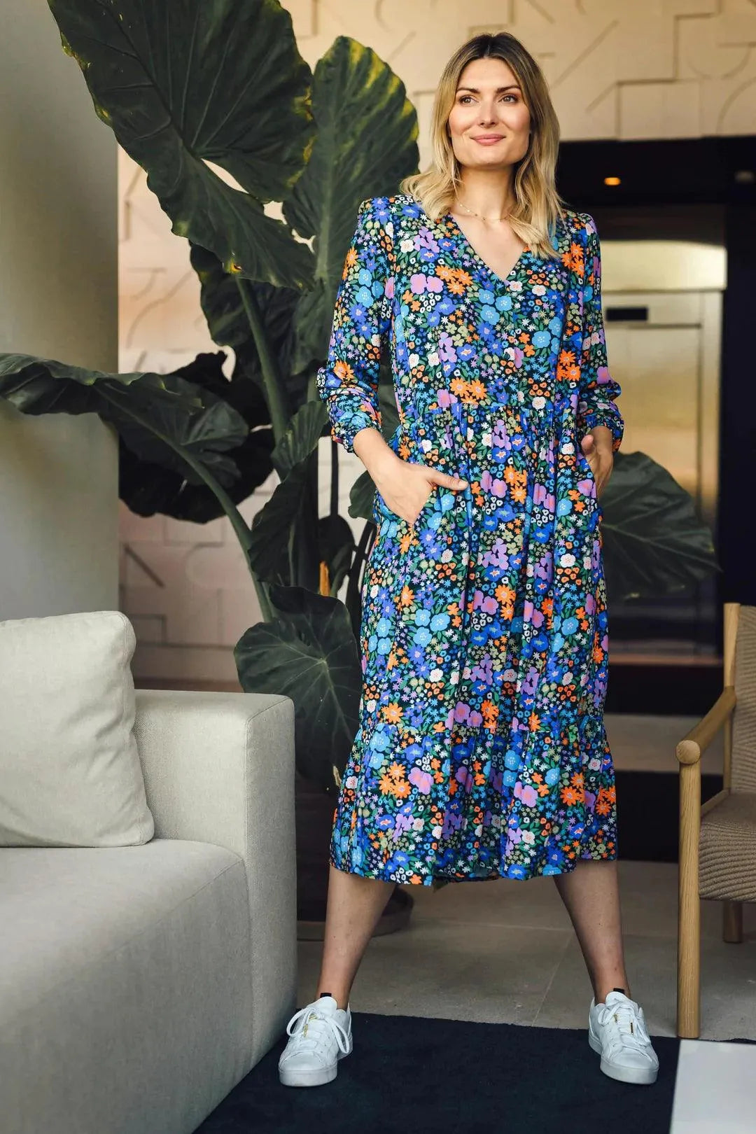 Vestido Melanie Midi Smock Multi Busy Floral - ECRU