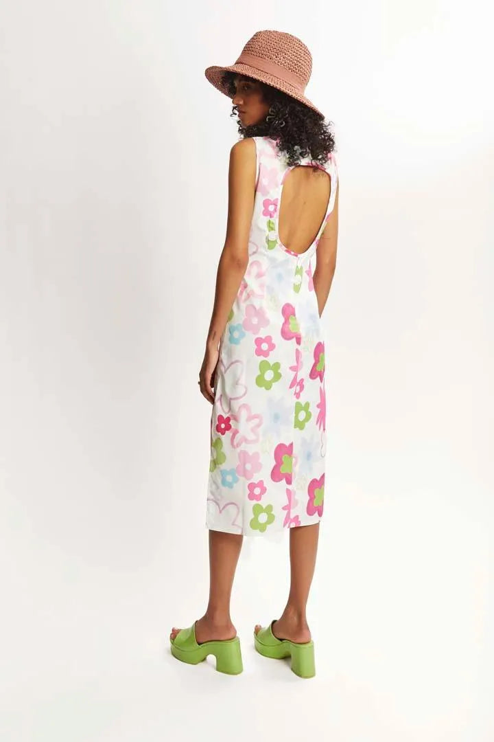 Vestido Midi Blanco Flores - ECRU