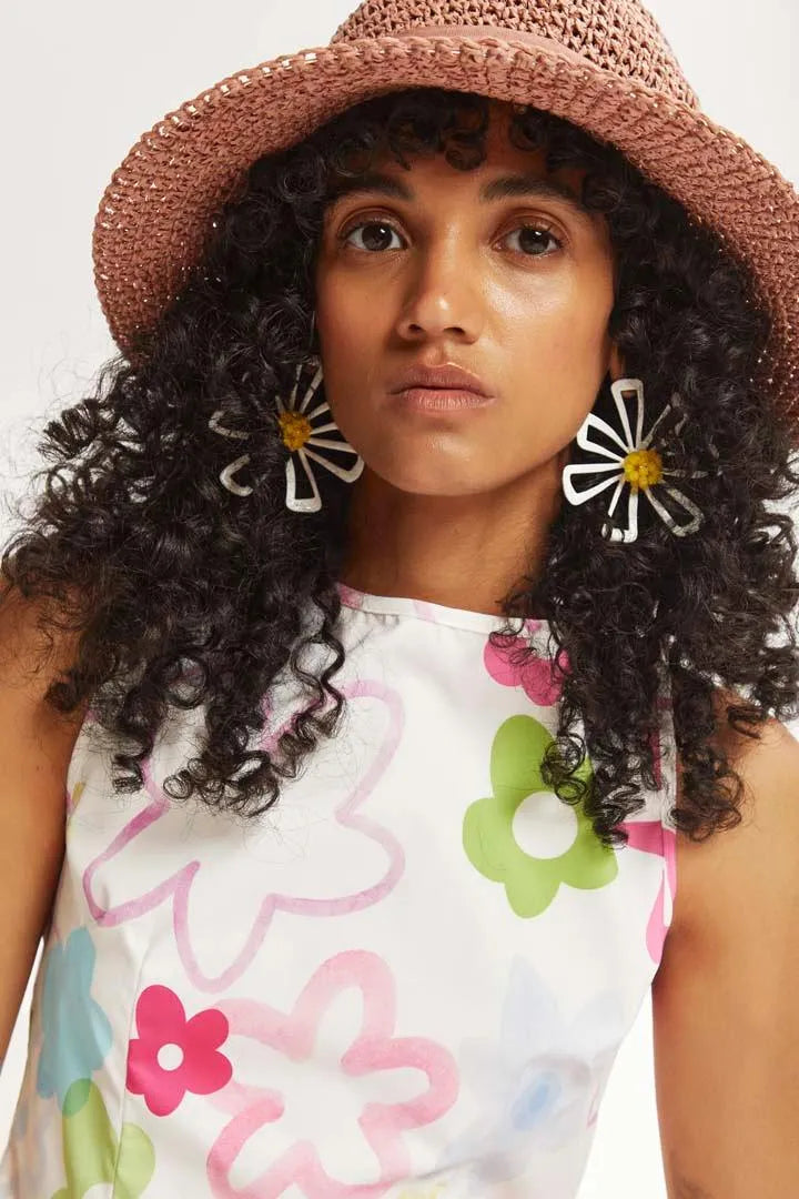 Vestido Midi Blanco Flores - ECRU