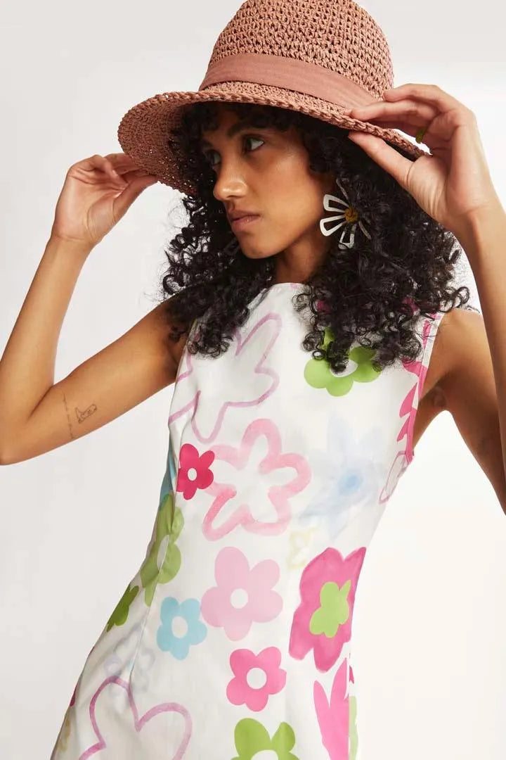 Vestido Midi Blanco Flores - ECRU