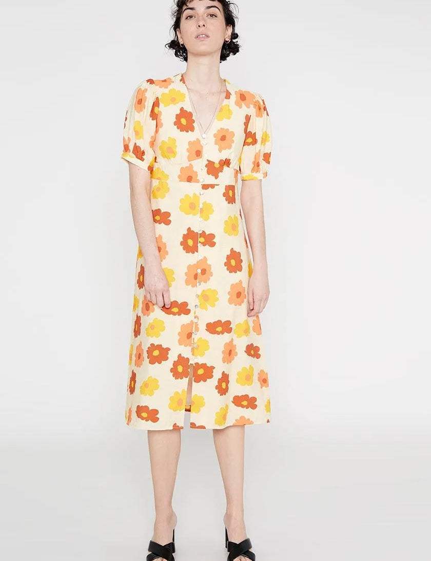 Vestido midi camisero botones estampado flores naranjas - ECRU