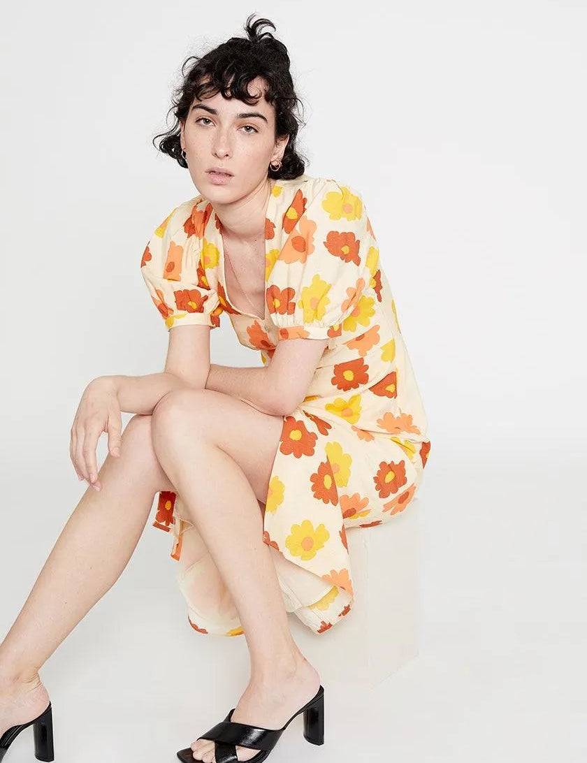 Vestido midi camisero botones estampado flores naranjas - ECRU