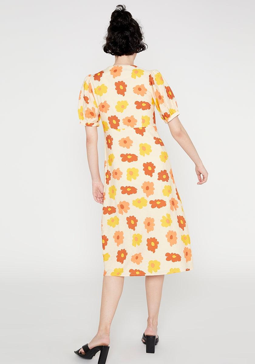Vestido midi camisero botones estampado flores naranjas - ECRU