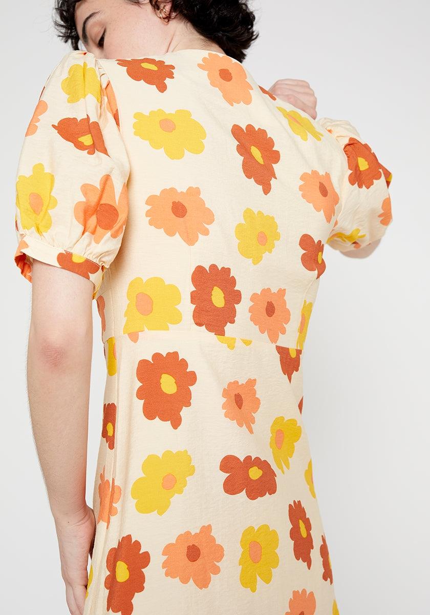 Vestido midi camisero botones estampado flores naranjas - ECRU