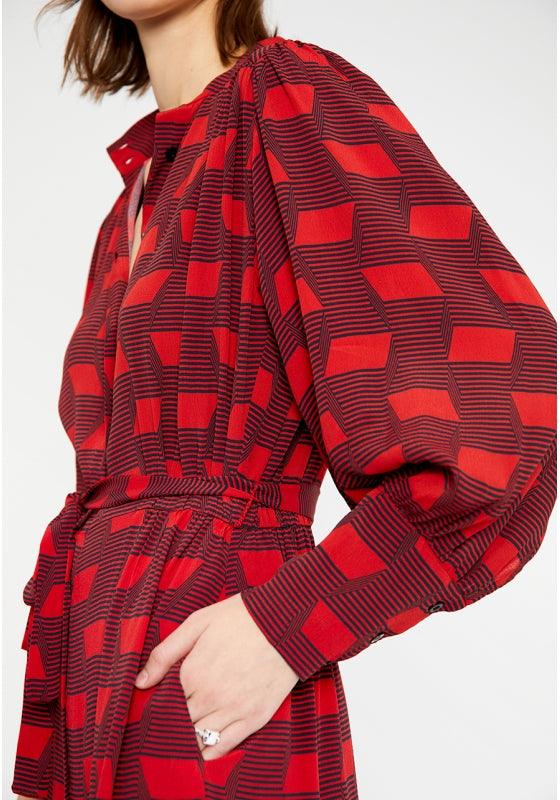 Vestido midi camisero de crepe con manga amplia y estampado geométrico rojo - ECRU