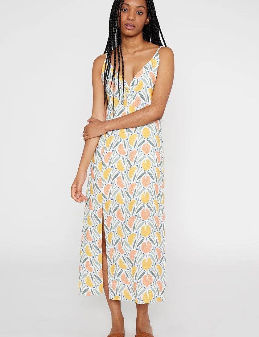 Vestido midi lencero con nudo en escote estampado vegetal - ECRU