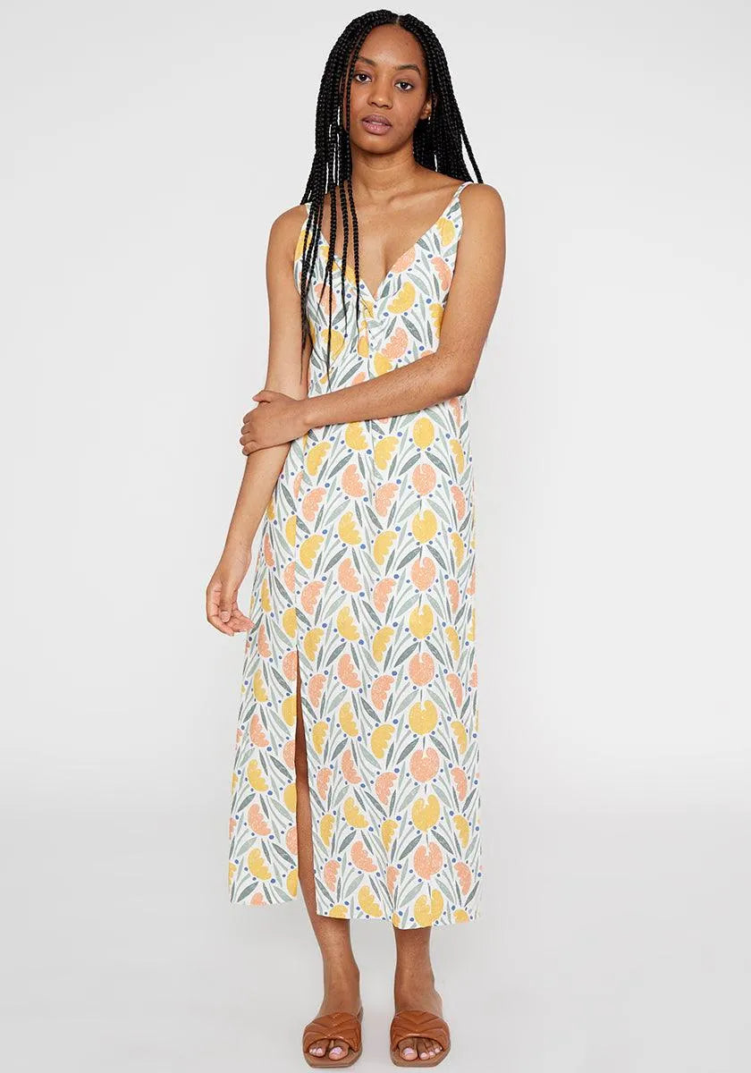 Vestido midi lencero con nudo en escote estampado vegetal - ECRU