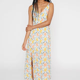 Vestido midi lencero con nudo en escote estampado vegetal - ECRU