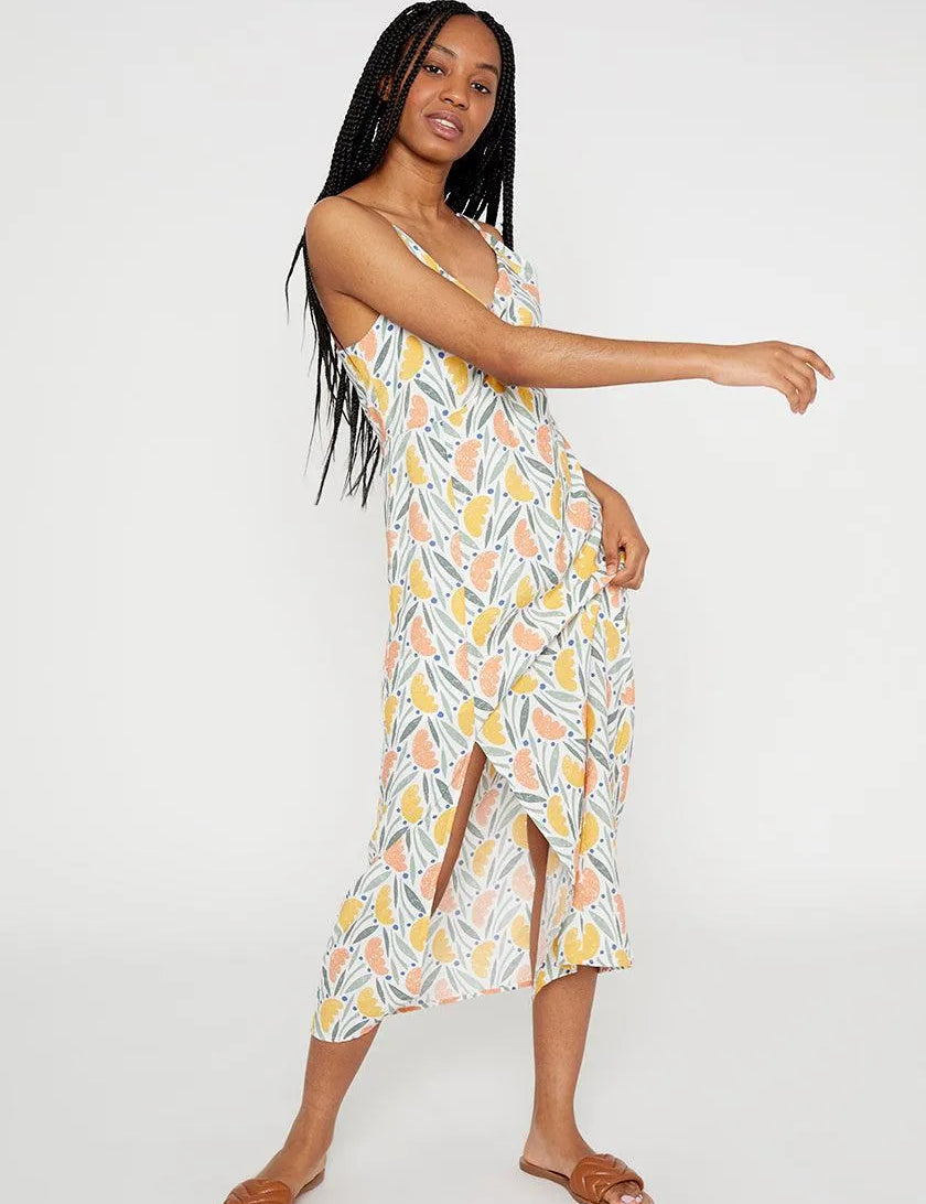 Vestido midi lencero con nudo en escote estampado vegetal - ECRU