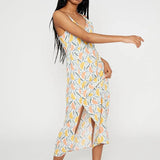 Vestido midi lencero con nudo en escote estampado vegetal - ECRU