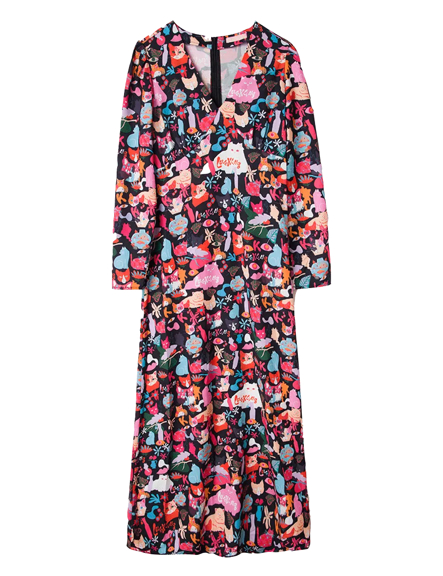 Vestido Midi Negro Gatos - ECRU