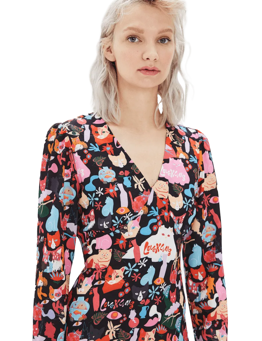 Vestido Midi Negro Gatos - ECRU