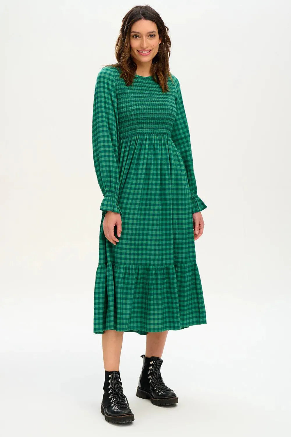 Vestido Penny Midi Shirred Green Gingham - ECRU