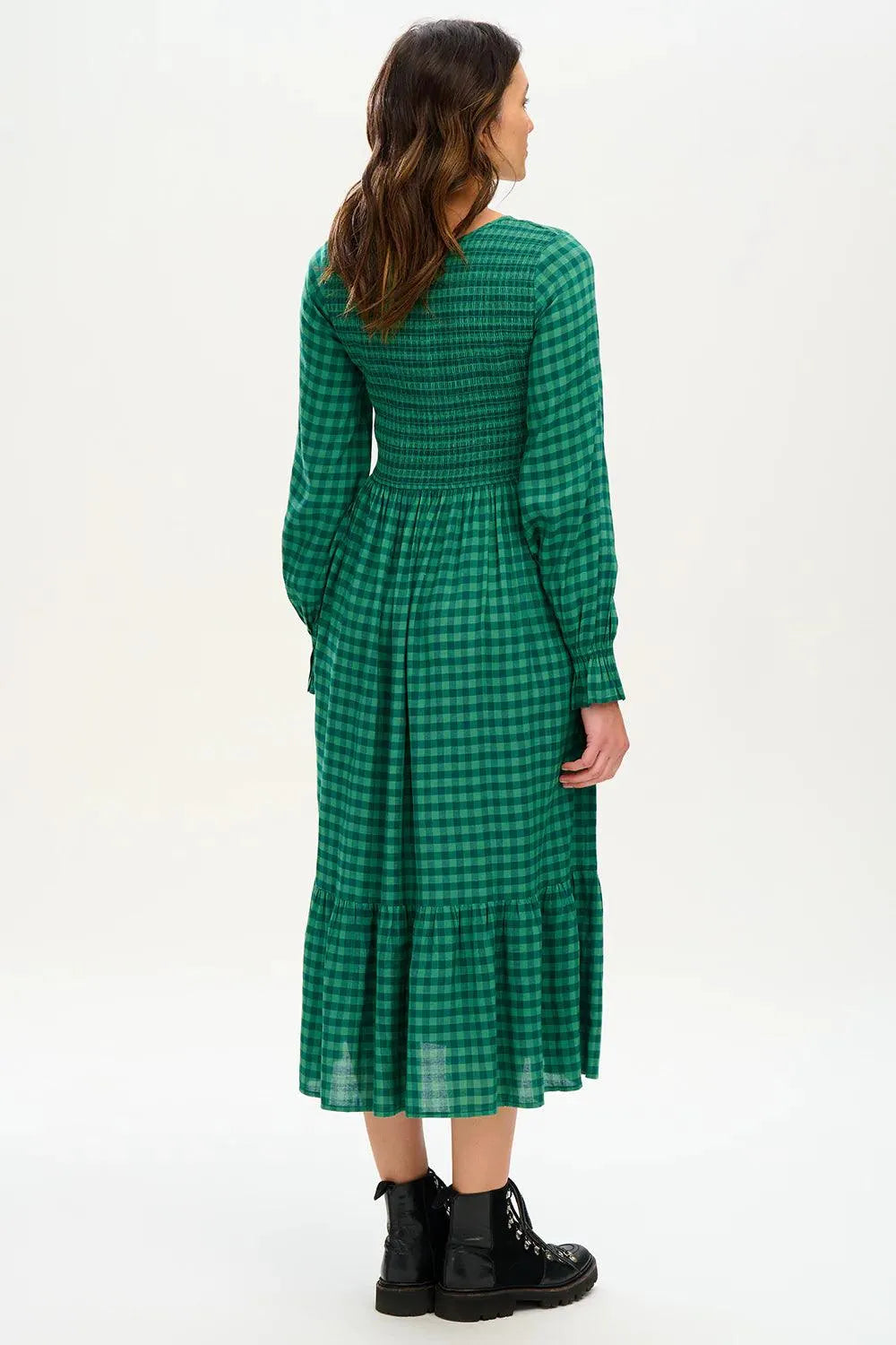 Vestido Penny Midi Shirred Green Gingham - ECRU