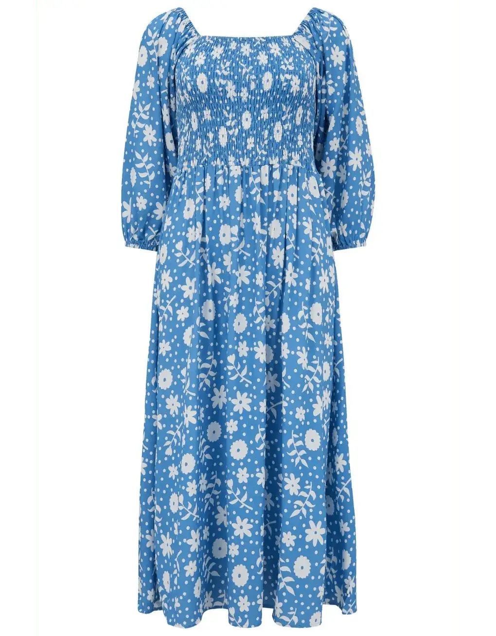 Vestido Raquel Shirred Blue Vintage Block Floral - ECRU
