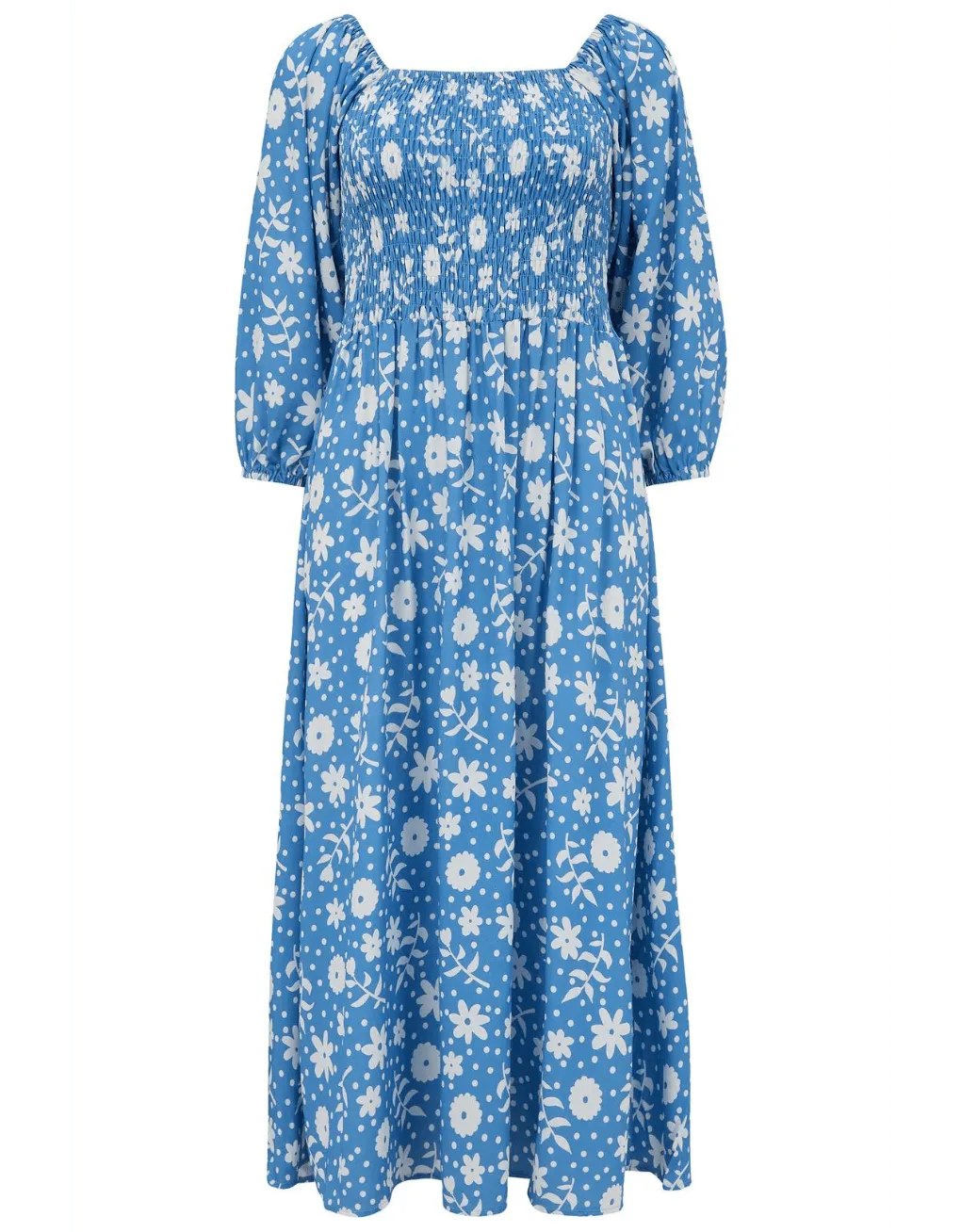 Vestido Raquel Shirred Blue Vintage Block Floral - ECRU